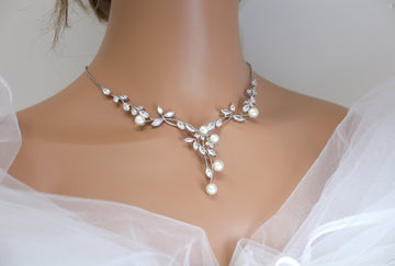 CZ Pearl Bloom Floral Vine Leaves Bridal Necklace Set, Long Bridal Jewelry, Bridal Earrings And Necklace, Statement Earrings Necklace Set.